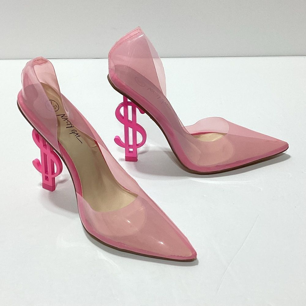 Nasty Gal Dollar Sign Pink Plastic Stiletto Heels Pumps 6/39